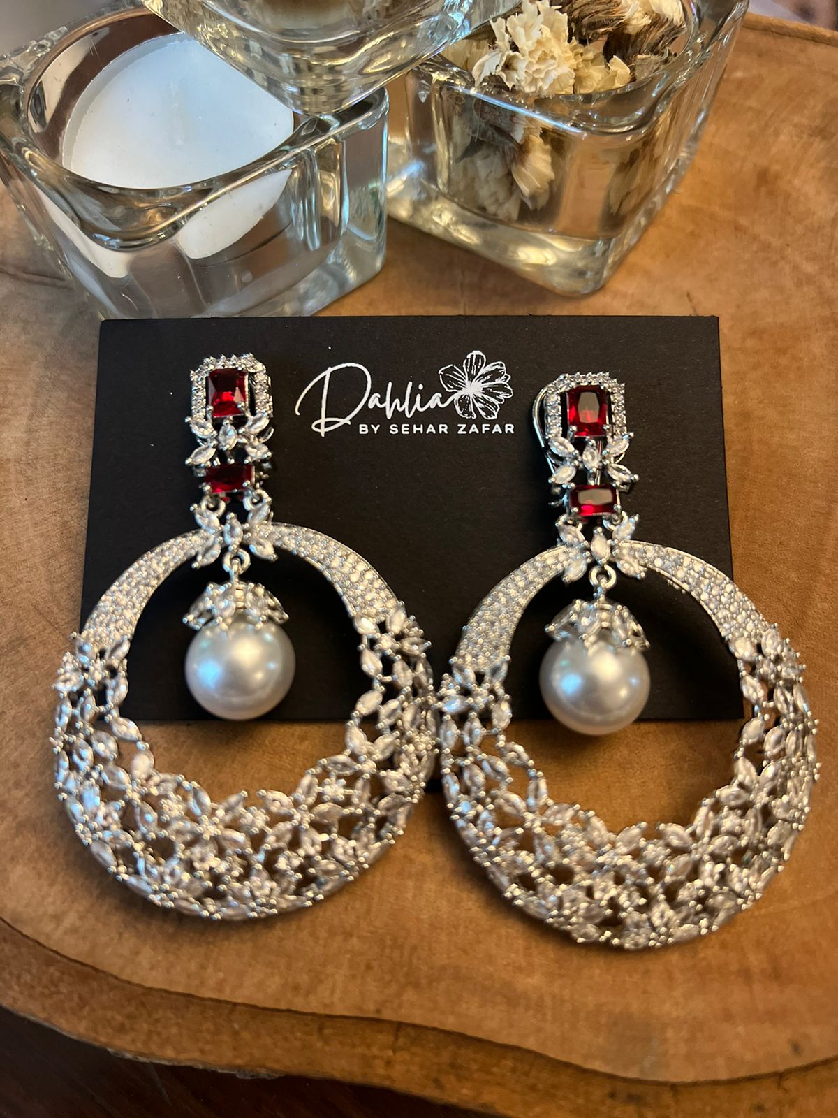 Silver Crystal Hoop Earrings with Pearl & Emerald Accent