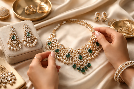 Elegant festive jewellery arranged on soft satin fabric, featuring a gold necklace with green stones, matching earrings, and metallic accessories