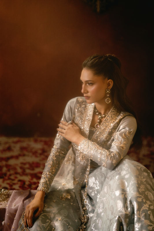 Woman wearing an embroidered silver traditional outfit styled with statement earrings and layered necklace against a warm red background