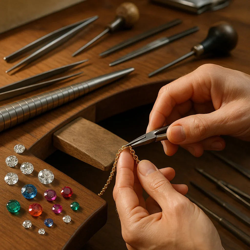 Close-up view of handcrafted Pakistani jewellery showing fine detailing and artisanal craftsmanship in a studio setting.