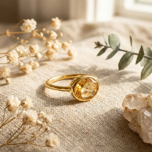 Minimal gold jewellery styled on soft fabric in warm natural lighting