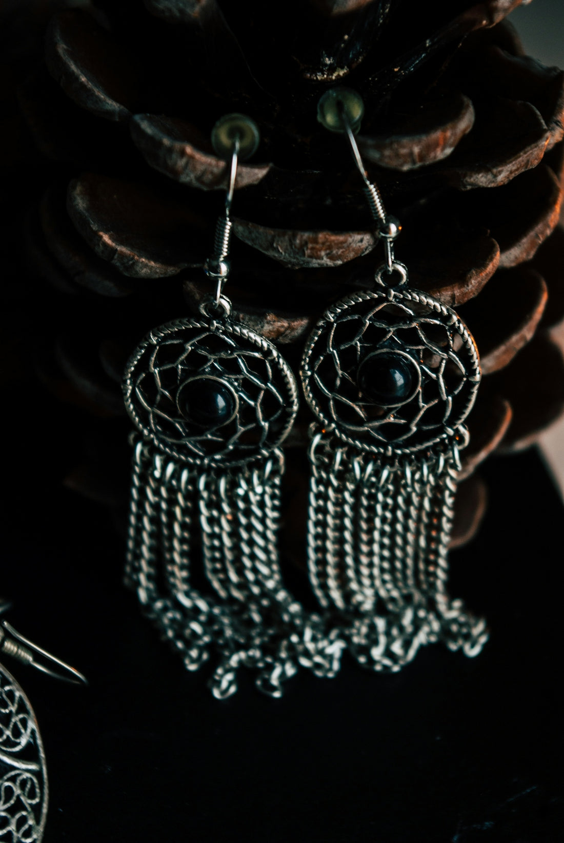 a pair of earrings sitting next to a pine cone
