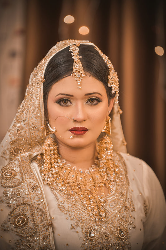A beautiful bride looks regal in her wedding dress.