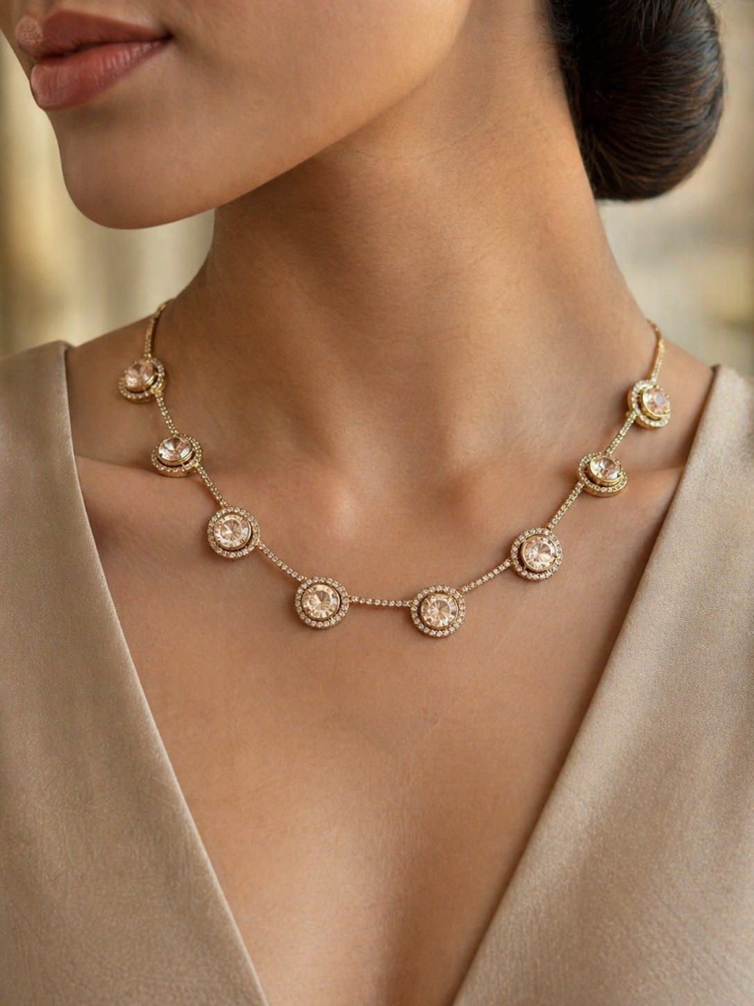 Elegant Halo Crystal Necklace Set with Matching Stud Earrings