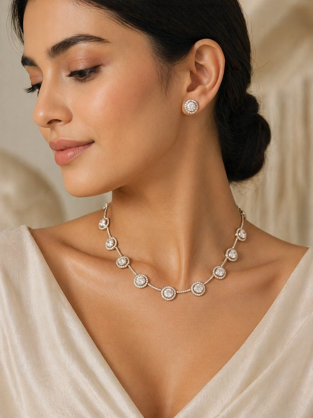 Elegant Halo Crystal Necklace Set with Matching Stud Earrings