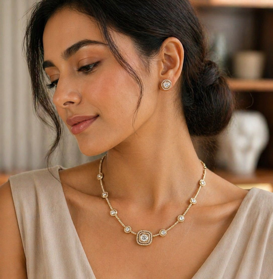 Square Halo Crystal Necklace Set with Stud Earrings