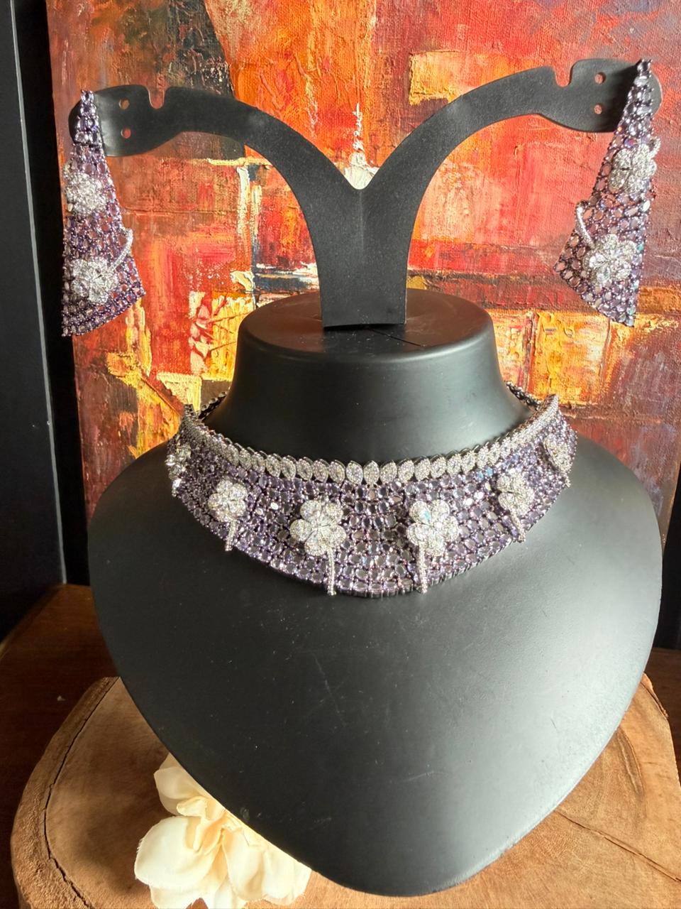 Lavender crystal floral bridal choker necklace set with matching statement earrings.