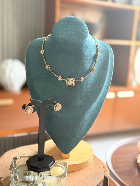 Square Halo Crystal Necklace Set with Stud Earrings